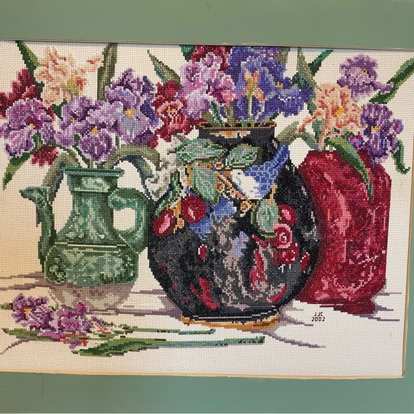 Beautiful Vintage Cross Stitch Picture With Vibrant Colors Signed Dated - Picture 4 of 13
